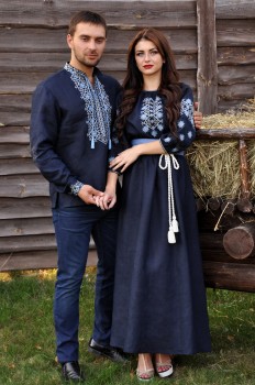 Витончений комплект - чоловіча сорочка з виразною вишивкою і жіноча довга сукня