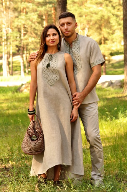 Комплект з натурального льону - чоловіча сорочка з коротким рукавом і жіноча довга сукня